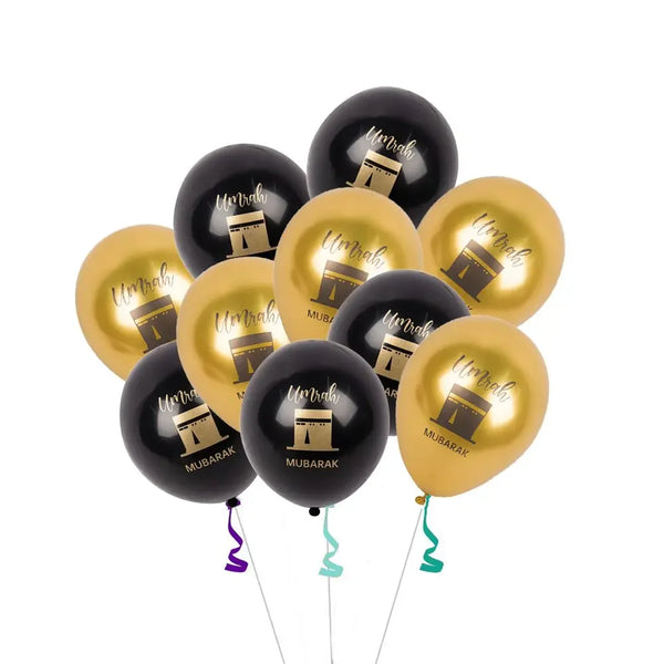 Umrah Mubarak - 12 Inch Latex Balloons Black Gold  Printing with Kaaba for Balloon  Party Decorations