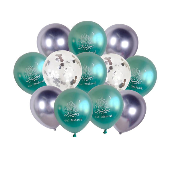 12x Eid Mubarak Green and  Clear & Sliver Confetti Balloon (Pack 12)