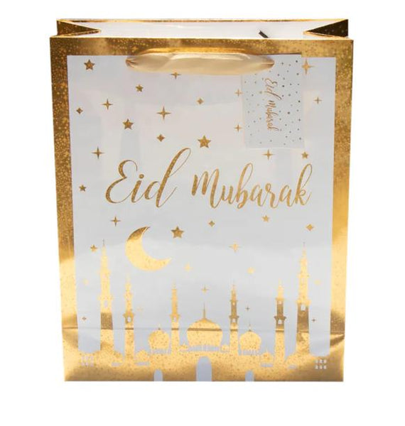 Eid Mubarak Party Gift Bag – Gold Foil Stars & Mosque, With Handles (1xpcs)