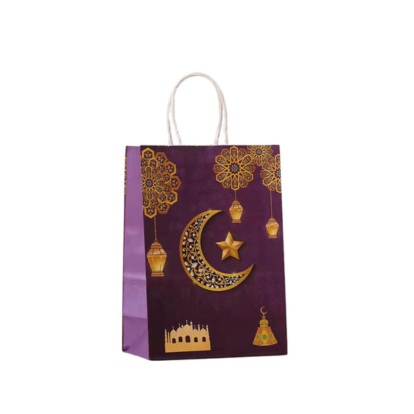 Ramadan Mubarak Gift Bag – Purple & Gold Moon Lantern Paper Bag (Pack5)