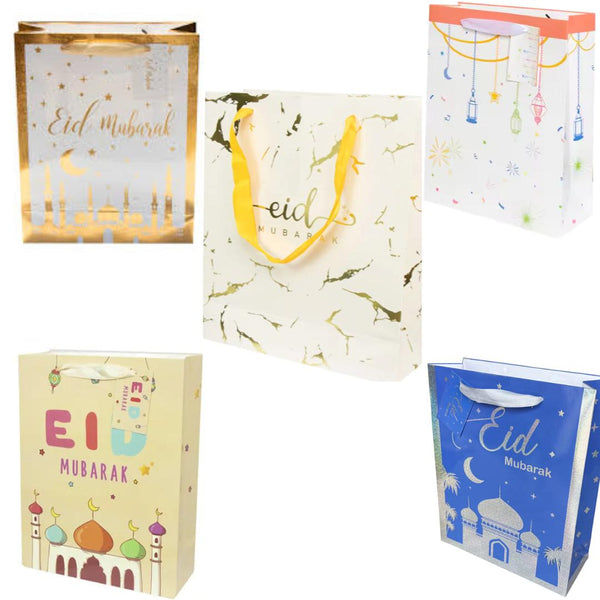 Eid Mubarak Glitter Laser Royal Blue Favour Bags – Silver Foil, With Handles (1xpcs)