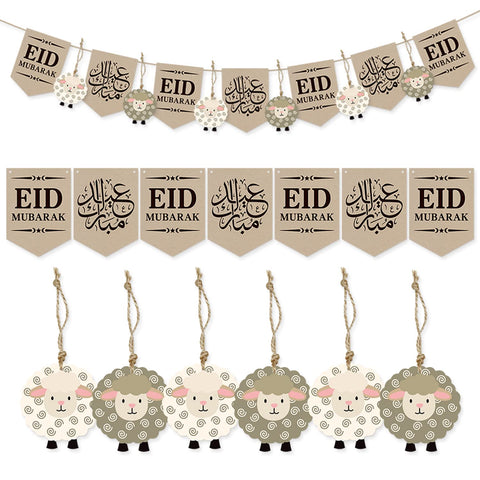 Eid Mubarak Banner Photo Background Sheep Hangtag Bunting Garland Hanging Flag Decor for Eid Al Adha