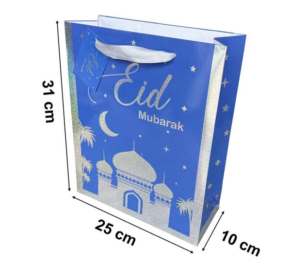 Eid Mubarak Glitter Laser Royal Blue Favour Bags – Silver Foil, With Handles (1xpcs)