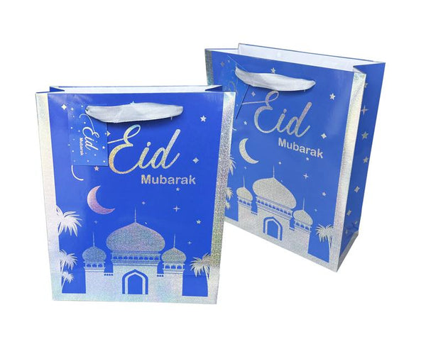 Eid Mubarak Glitter Laser Royal Blue Favour Bags – Silver Foil, With Handles (1xpcs)