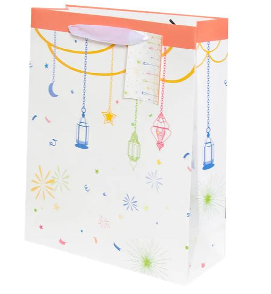 Eid Mubarak Lantern Gift Bag – White Multi-Colour Design, Ribbon Handle & Tag (1xpcs)