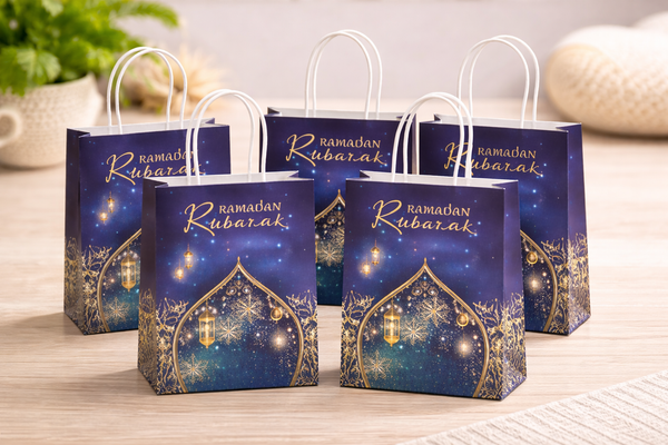 Ramadan Kareem Gift Bags – Navy & Gold Mosque Design Paper Bags (Pack of 5)