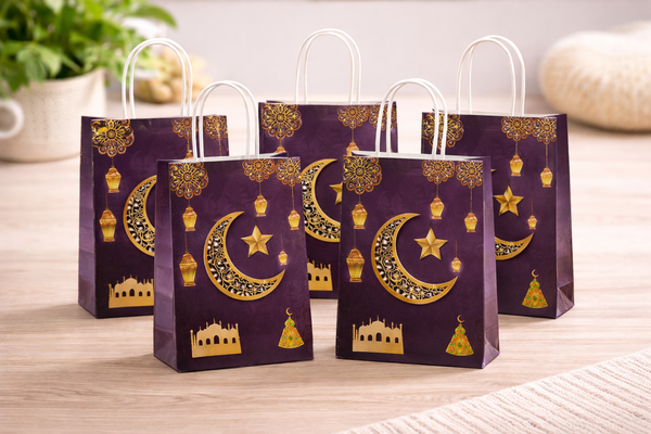 Ramadan Mubarak Gift Bag – Purple & Gold Moon Lantern Paper Bag (Pack5)