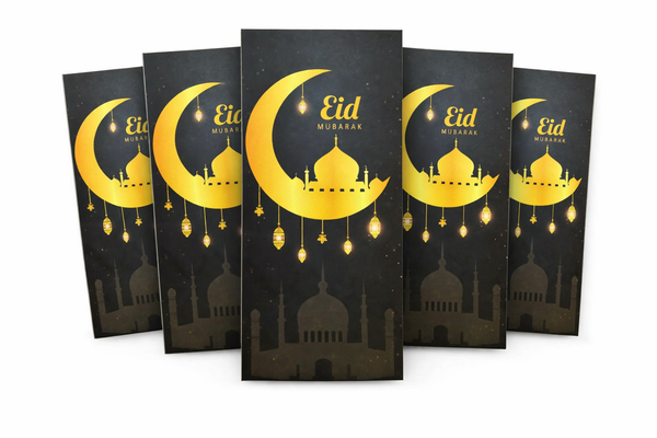 Eid Mubarak Money Envelopes – Gold Crescent & Hanging Lanterns (Black) (10pcs)