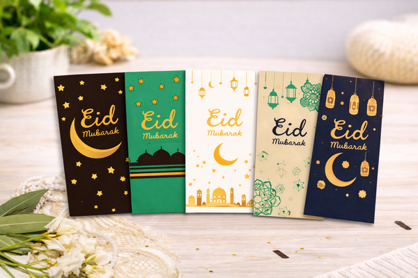 Eid Mubarak Money Envelopes Set - 5 Designs - Islamic Moon, Stars & Lanterns