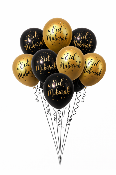 12x Eid Mubarak-Gold and Black Balloon (Pack 12 )
