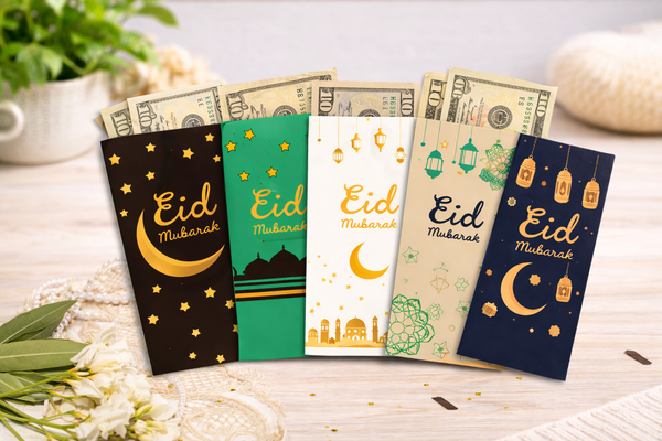 Eid Mubarak Money Envelopes Set - 5 Designs - Islamic Moon, Stars & Lanterns