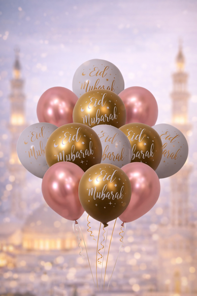 12x Eid Mubarak-Gold and Clear & Gold Confetti  Balloon (Pack 12 )