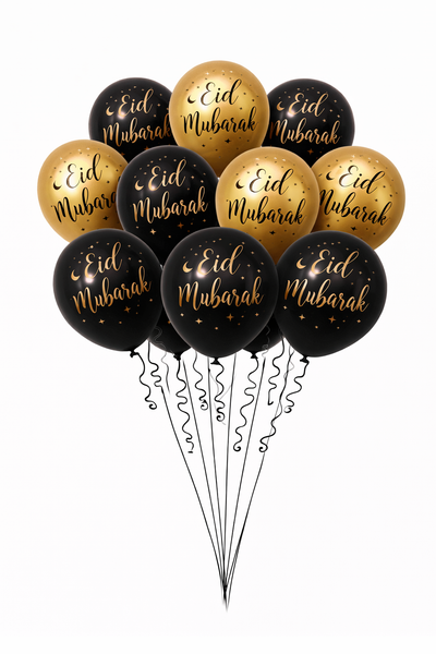 12x Eid Mubarak-Gold and Black Balloon (Pack 12 )