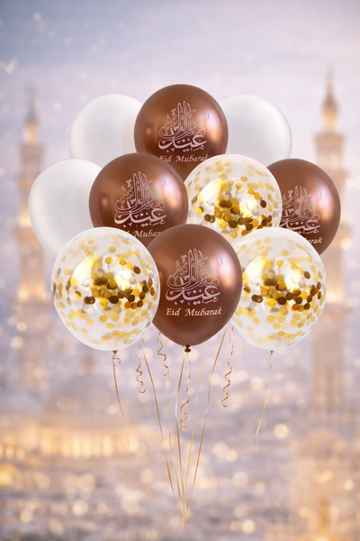 12x Eid Mubarak- Rose Gold & Pearl White and Clear & Gold Confetti  Balloon (Pack 12 )