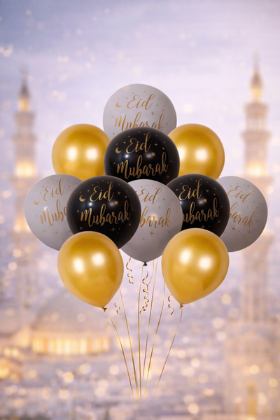 12x Eid Mubarak- Gold and Clear & Gold Confetti  Balloon (Pack 12 )