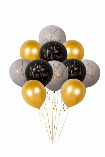 12x Eid Mubarak- Gold and Clear & Gold Confetti  Balloon (Pack 12 )