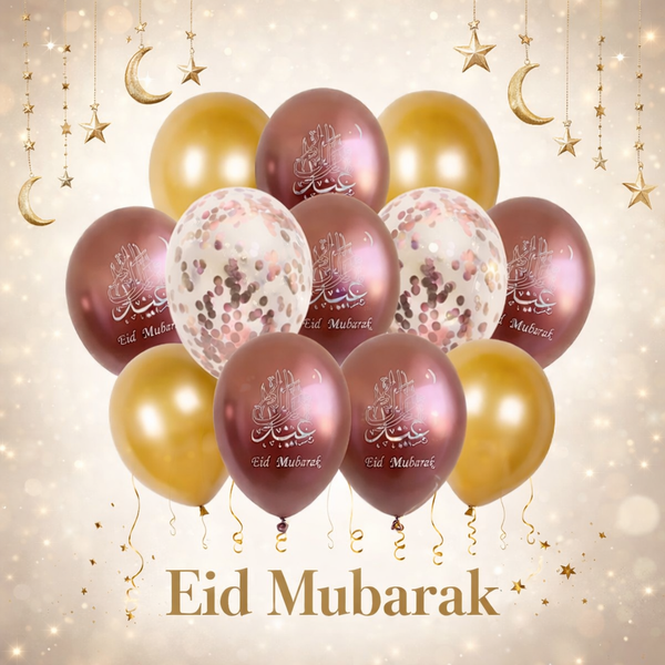 12x Eid Mubarak-Rose Gold and Clear Rose Gold Confetti  Balloon (Pack 12 )