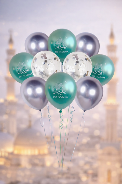 12x Eid Mubarak Green and  Clear & Sliver Confetti Balloon (Pack 12)