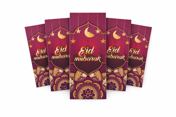Eid Mubarak  Money Envelopes – Maroon Crescent, Stars & Mandala(10pcs)