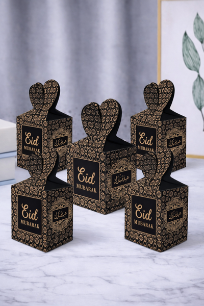 Eid Mubarak Favour Boxes – Black & Gold Islamic Pattern Treat Boxes(Pack 5)