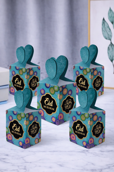 Eid Mubarak Favour Boxes – Teal & Gold Islamic Pattern Treat Boxes  (Pack 5)