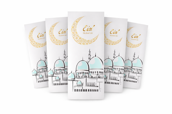 Eid Mubarak  Money Envelopes – Gold Mosaic Crescent & Mosque (White)(10pcs)