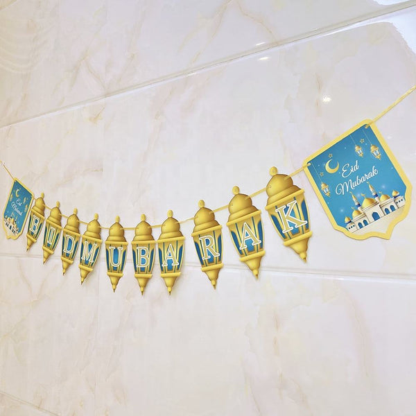 Eid Mubarak Hanging Banner - Lantern Garland Decoration - Blue & Gold Islamic Party Decor