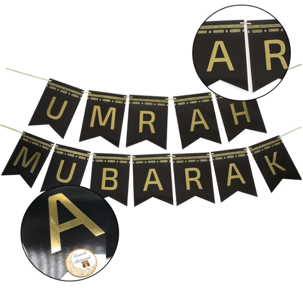 Umrah  Mubarak Banner Gold Foil | 10 Flags 5m Garland 24x17cm Islamic Party Decor