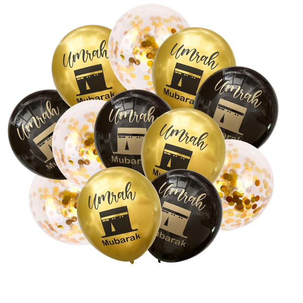 Umrah Mubarak - 12 Inch Latex Balloons Black Gold  Printing with Kaaba for Balloon  Party Decorations