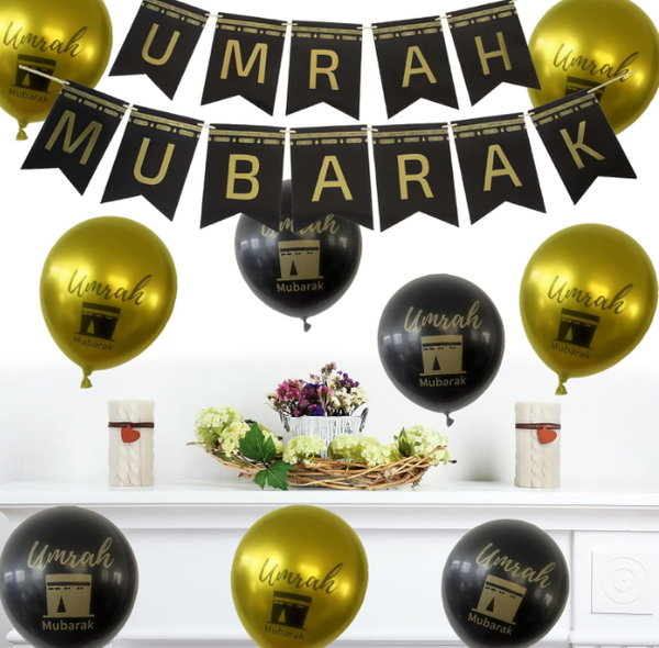 Umrah  Mubarak Banner Gold Foil | 10 Flags 5m Garland 24x17cm Islamic Party Decor