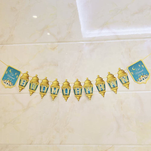 Eid Mubarak Hanging Banner - Lantern Garland Decoration - Blue & Gold Islamic Party Decor