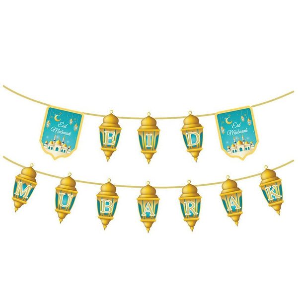 Eid Mubarak Hanging Banner - Lantern Garland Decoration - Blue & Gold Islamic Party Decor