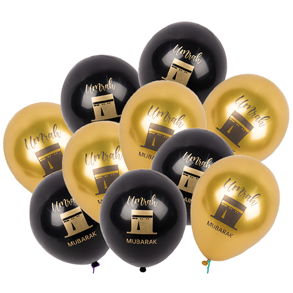 Umrah Mubarak - 12 Inch Latex Balloons Black Gold  Printing with Kaaba for Balloon  Party Decorations