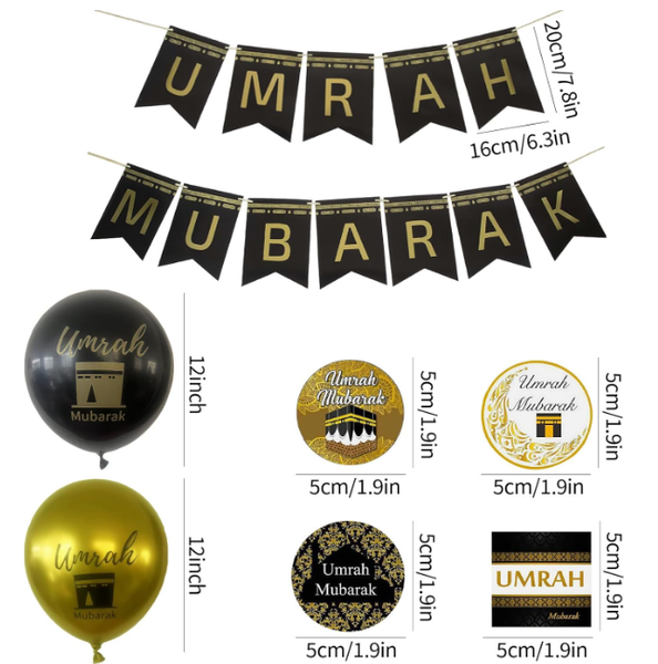 Umrah  Mubarak Banner Gold Foil | 10 Flags 5m Garland 24x17cm Islamic Party Decor