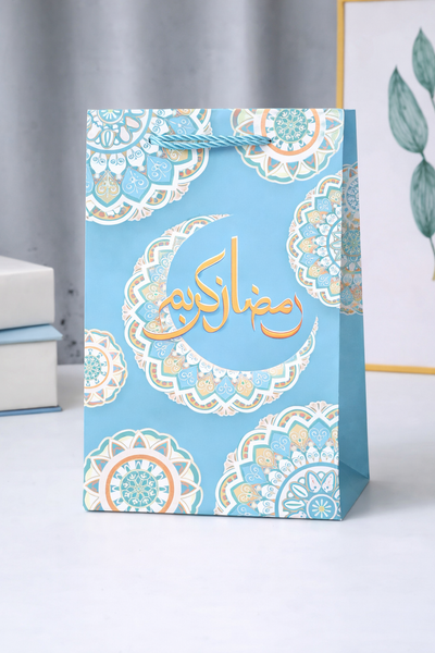 Ramadan Kareem Paper Gift Bag – Blue Islamic Mandala Design (Small)