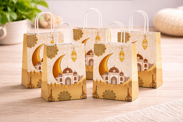Ramadan Kareem Gift Bags – Navy & Gold Mosque Design Paper Bags (Pack of 5)