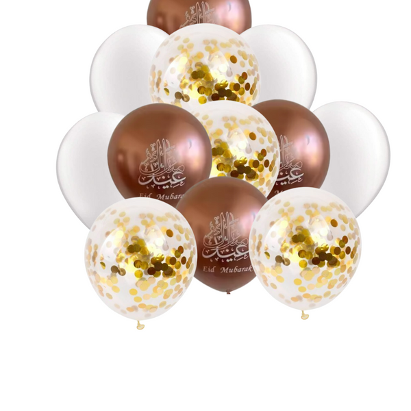 12x Eid Mubarak- Rose Gold & Pearl White and Clear & Gold Confetti  Balloon (Pack 12 )