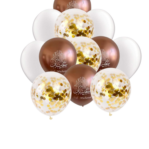 12x Eid Mubarak- Rose Gold & Pearl White and Clear & Gold Confetti  Balloon (Pack 12 ) Muslim Islamic Eid Party Decorations