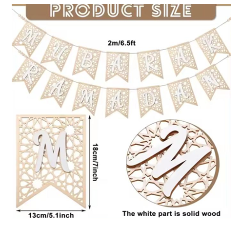 Ramadan Mubarak Wooden Garland Bunting- Black 18x13cm