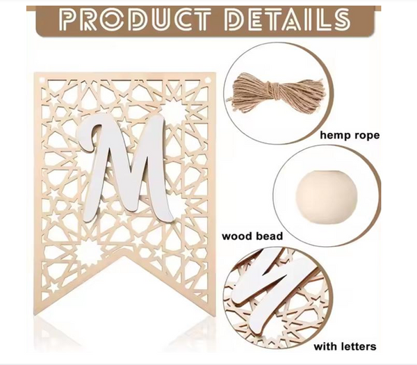 Ramadan Mubarak Wooden Garland Bunting- Black 18x13cm