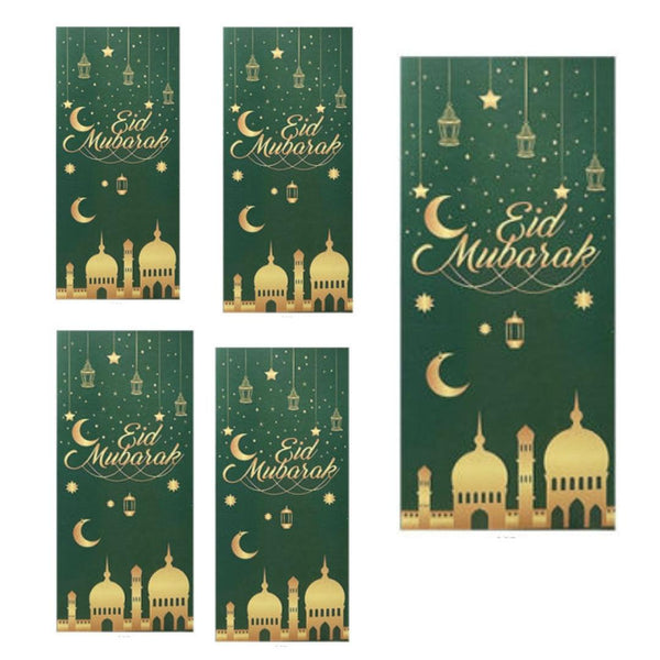 Eid Mubarak Money Envelopes – Crescent Moon & Lantern Design (Green/Gold)(10pcs)