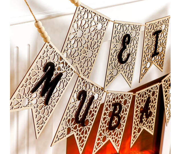 Eid  Mubarak Wooden Garland Bunting- Black 18x13cm