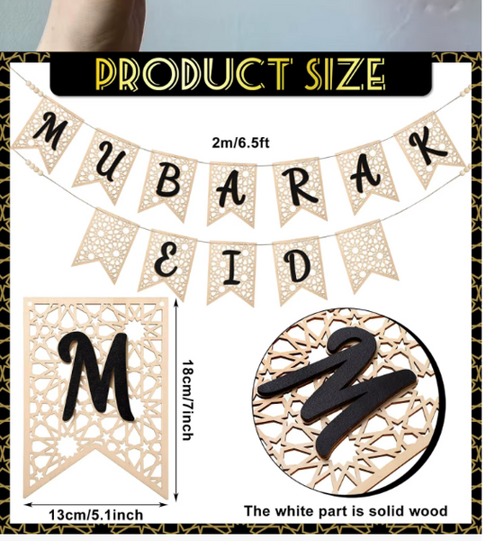 Eid  Mubarak Wooden Garland Bunting- Black 18x13cm