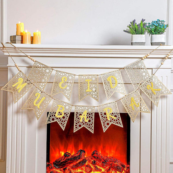 Eid  Mubarak Wooden Garland Bunting- Gold 18x13cm