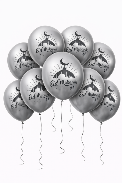 Eid Mubarak Sliver  Latex Balloons - Crescent Moon & Lantern Print - Islamic Party Decor