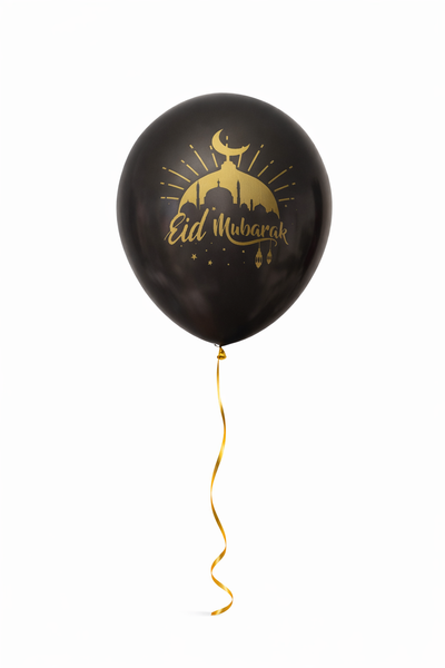 Eid Mubarak Black Latex Balloons - Crescent Moon & Lantern Print - Islamic Party Decor