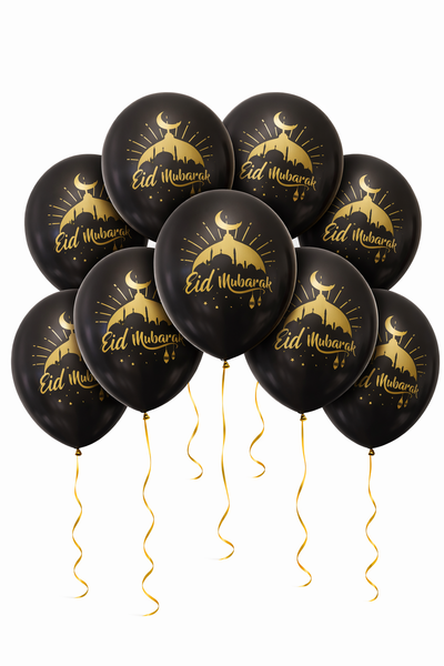 Eid Mubarak Black Latex Balloons - Crescent Moon & Lantern Print - Islamic Party Decor