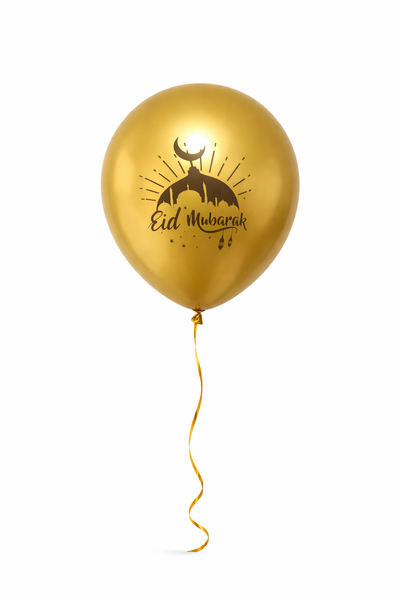 Eid Mubarak Gold Latex Balloons - Crescent Moon & Lantern Print - Islamic Party Decor