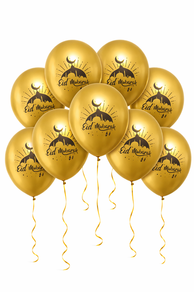 Eid Mubarak Gold Latex Balloons - Crescent Moon & Lantern Print - Islamic Party Decor