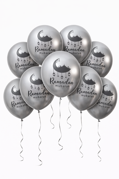 Ramadan Mubarak Sliver Latex Balloons - Crescent Moon & Lantern Print - Islamic Party Decor (Copy)